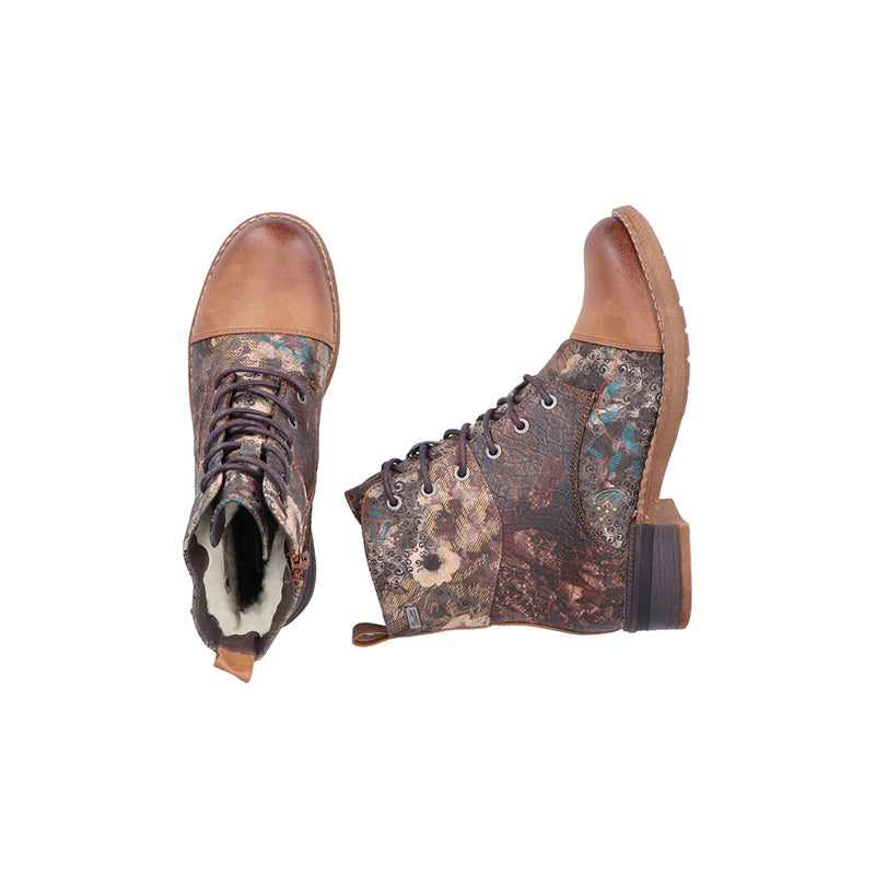 Multicolor ankle boots with lace-up front and side zipper, brown block heel
