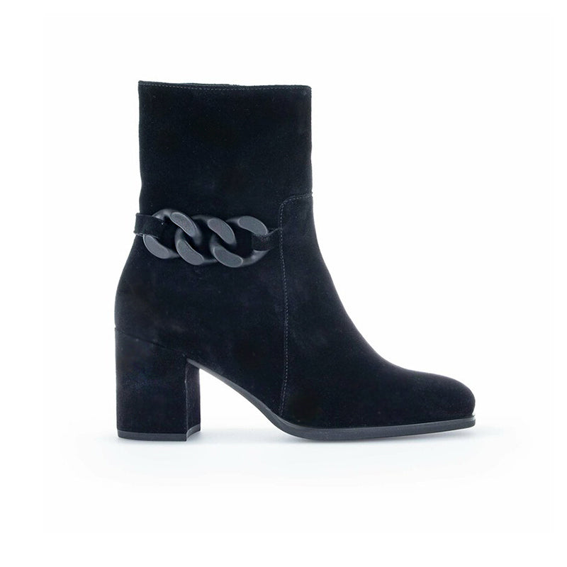 Women’s black suede ankle boots with chain-link strap and block heel