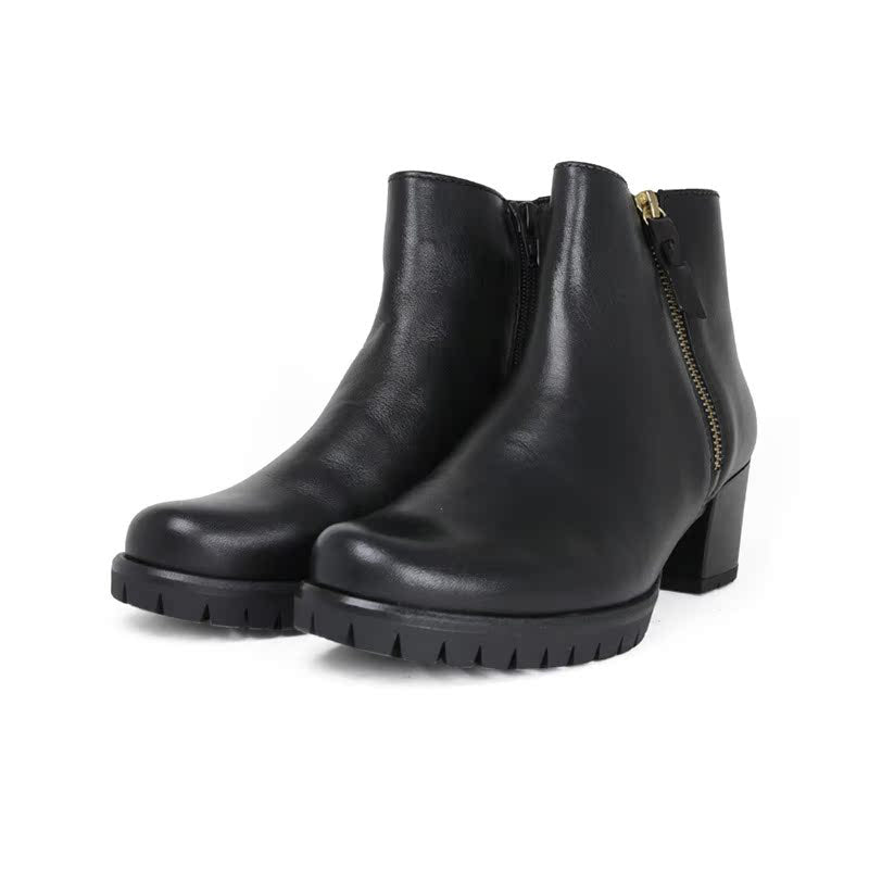 Black leather ankle boots with side zipper and chunky block heel