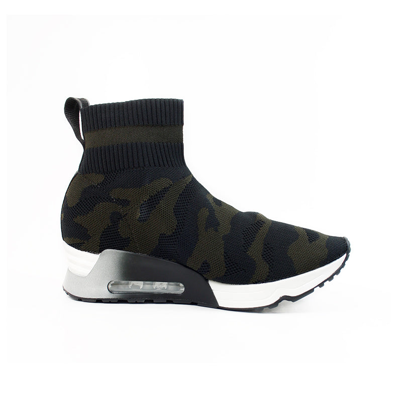 Camo knit sock sneaker boot with black ankle cuff and white air sole