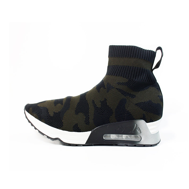 Camo knit sneaker boot with side air window and white midsole, black ankle cuff
