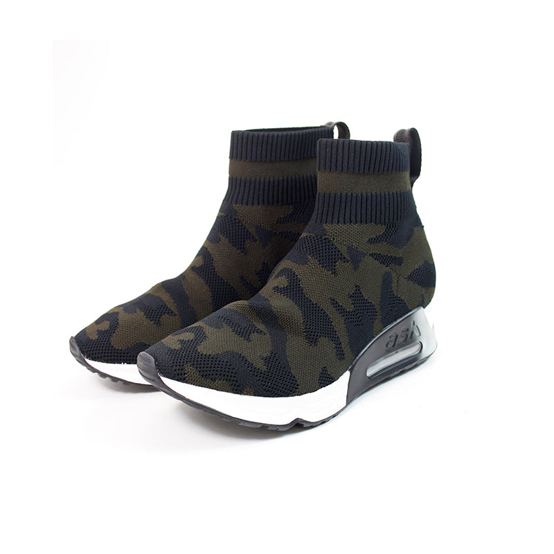Camo knit sock sneaker boot with heel air window and white midsole, black outsole