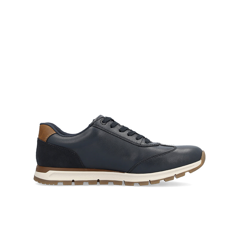 Men's lace-up sneakers with navy leather-look upper and tan rugged outsole.
