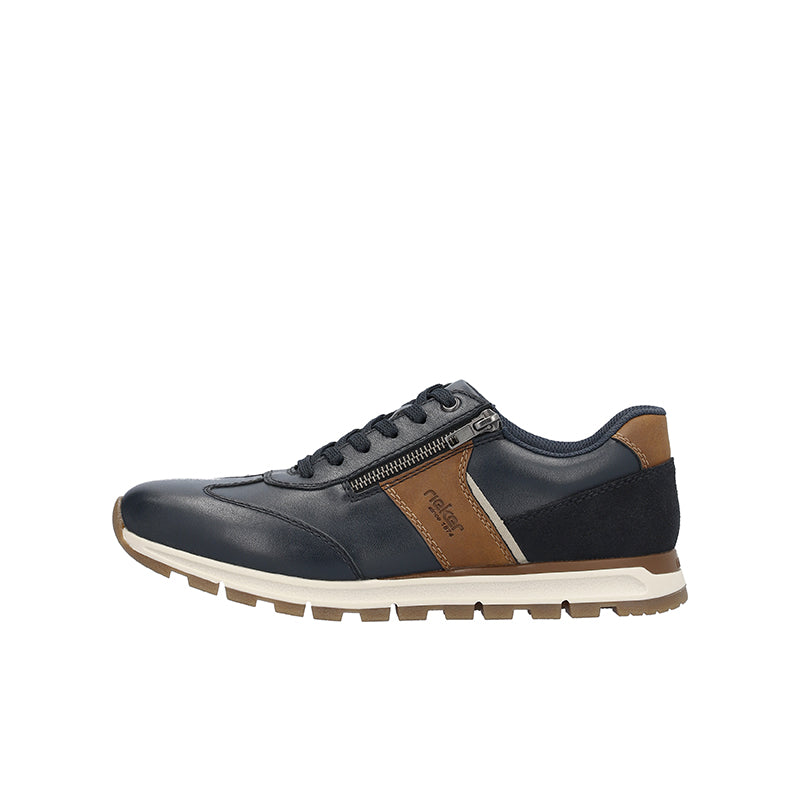 Men's lace-up sneakers in dark blue with a tan zip side panel and tan sole.