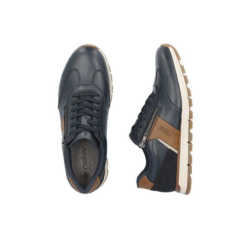 Men's sneakers, front and side views, navy upper with tan sole and black laces.