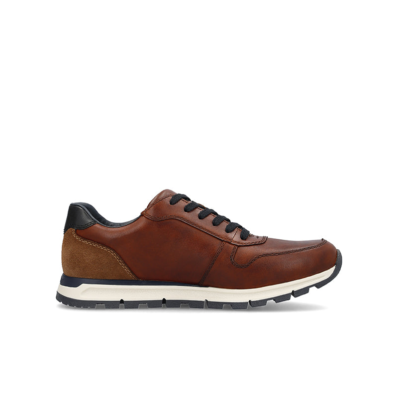 Men's brown lace-up sneakers with dark collar and rugged textured sole