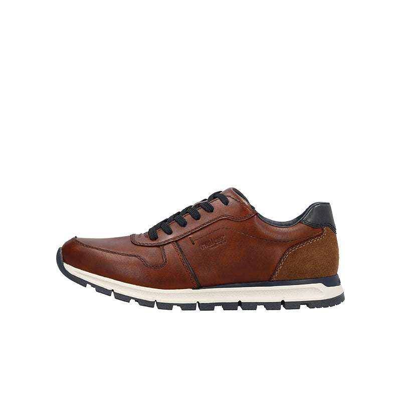Men's brown lace-up sneakers, side view, with dark trim and white sole