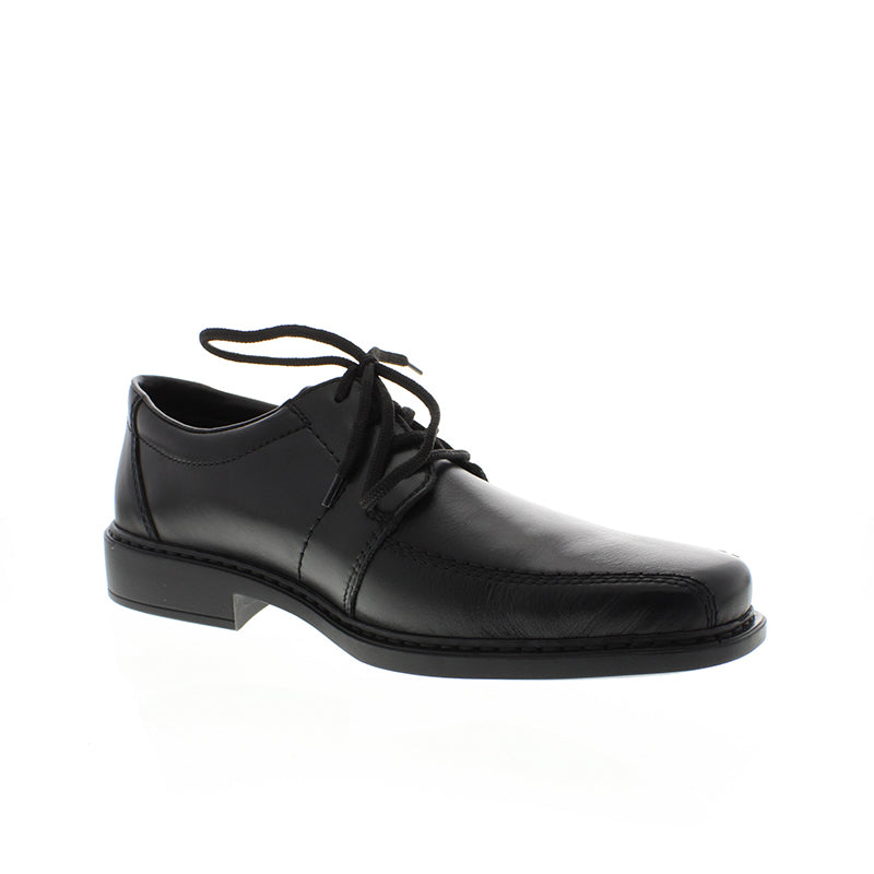 Black leather lace-up formal shoes with stitched panels and low heel