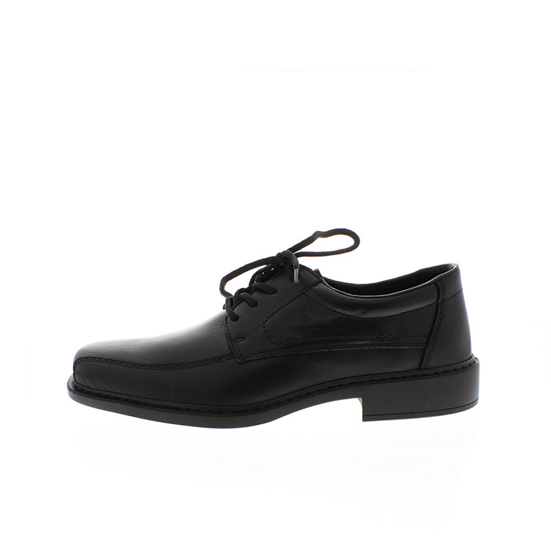 Black leather lace-up formal shoe with lace front and low block heel