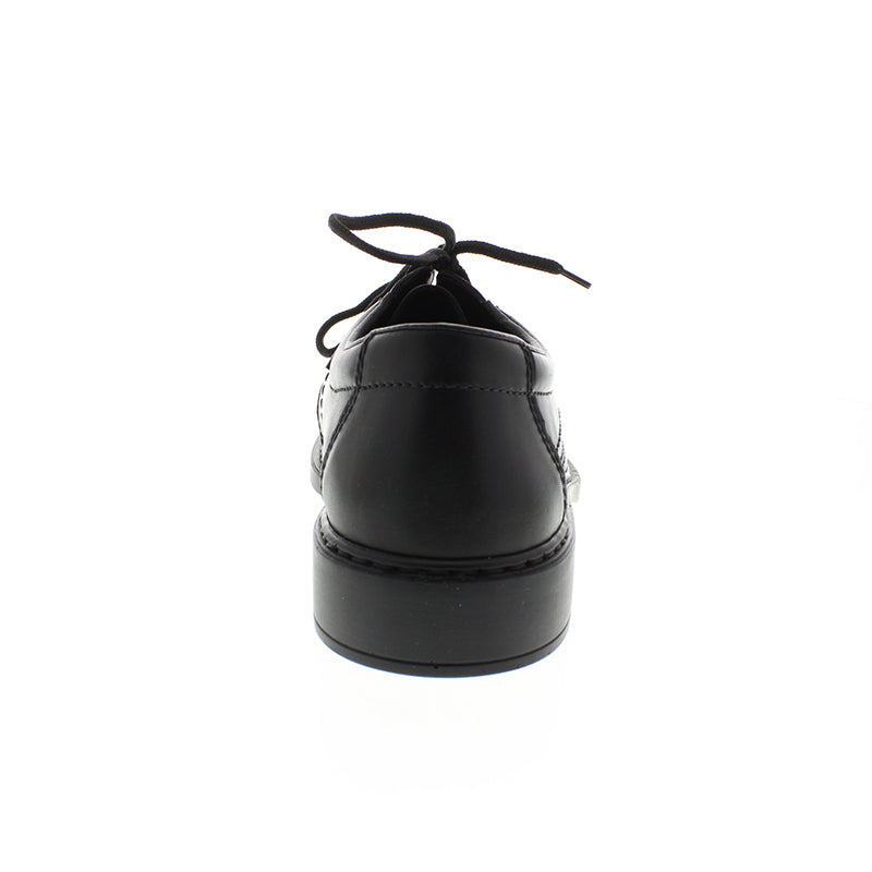 Black leather lace-up shoe with rounded heel and lace tie