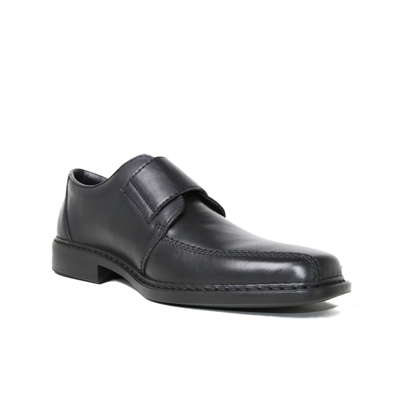 Men’s black leather slip-on dress shoe with strap detail and cushioned sole