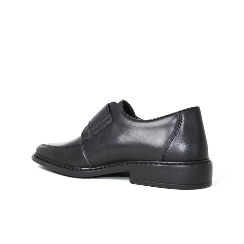 Men’s black leather slip-on dress shoe, back view with low-profile heel
