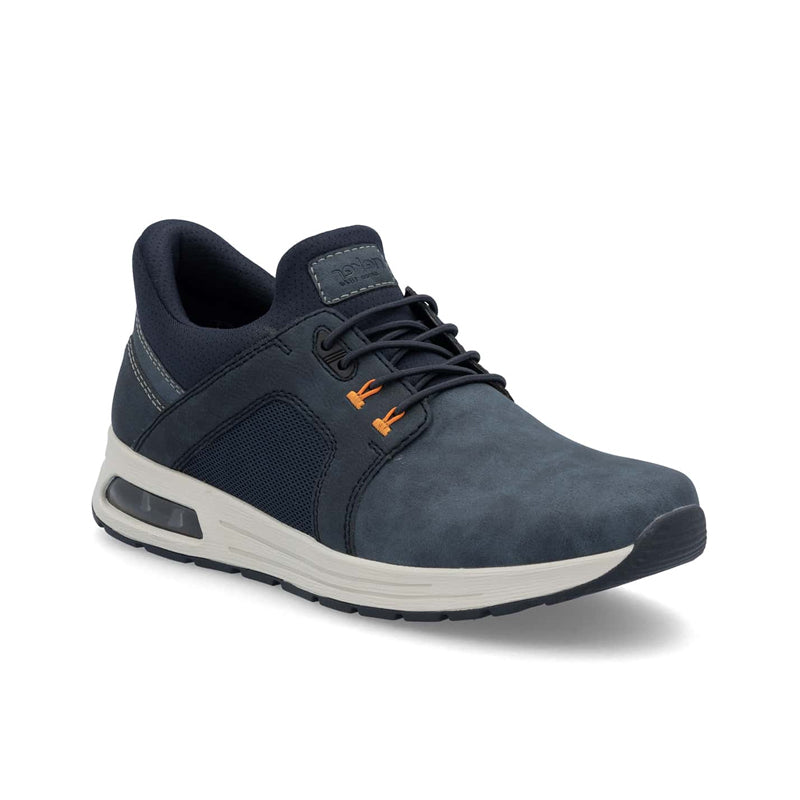 Men's blue slip-on sneakers with lace-up front, padded collar, and air-cushion sole