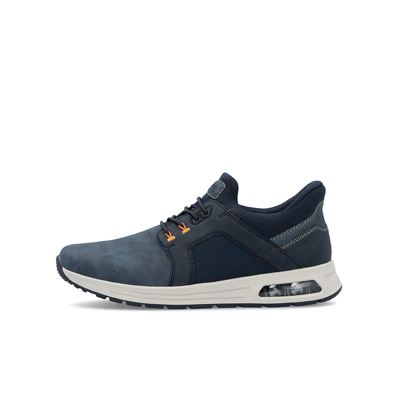 Men's blue low-top sneakers with lace-up front, side stitching, and air-cushion sole