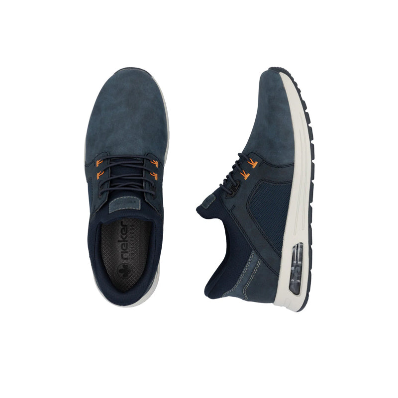 Pair of men's blue sneakers shown front and side, lace-up and cushioned tread sole
