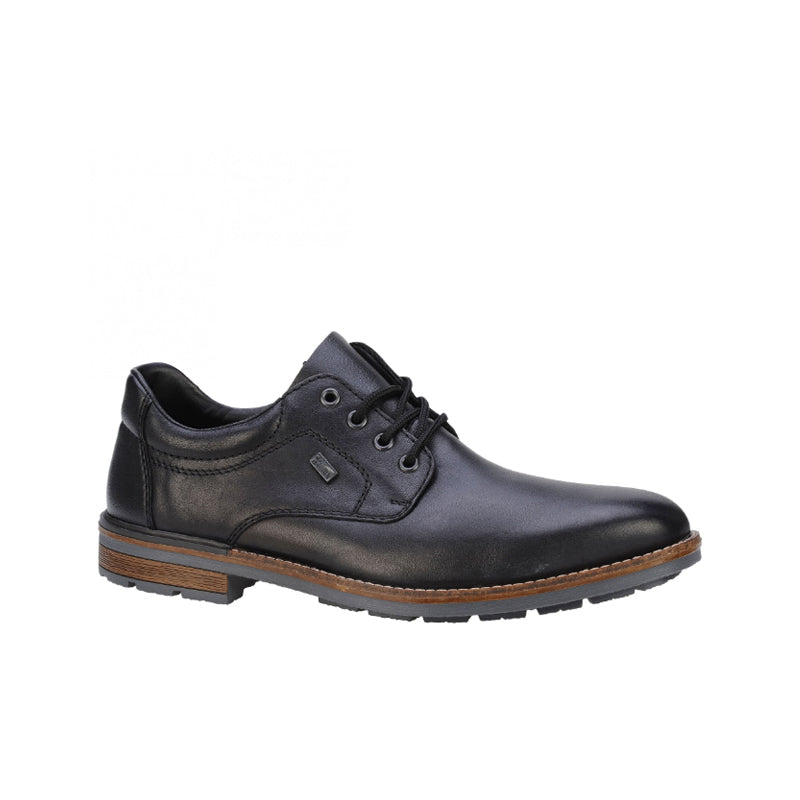 Men's black leather lace-up formal shoes with padded collar and tan sole