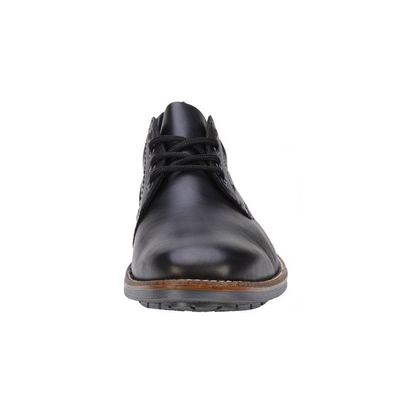 Men's black leather lace-up formal shoes, front view with lace and sole