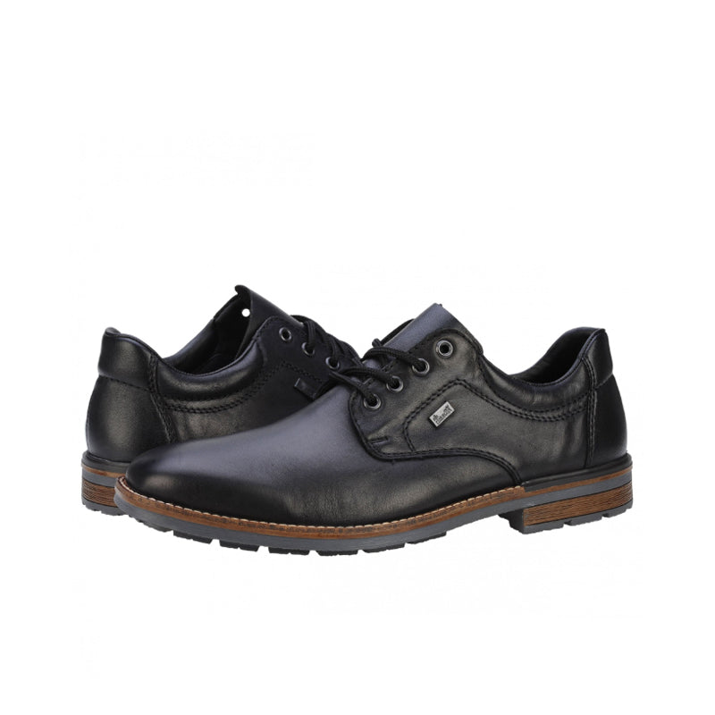 Men's black leather lace-up formal shoes, angled view with lace eyelets