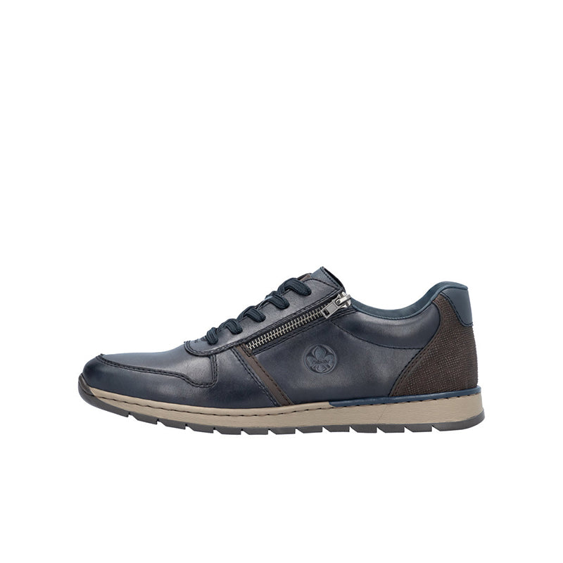 Men's lace-up zip sneaker, dark blue upper with side zipper and tread outsole.