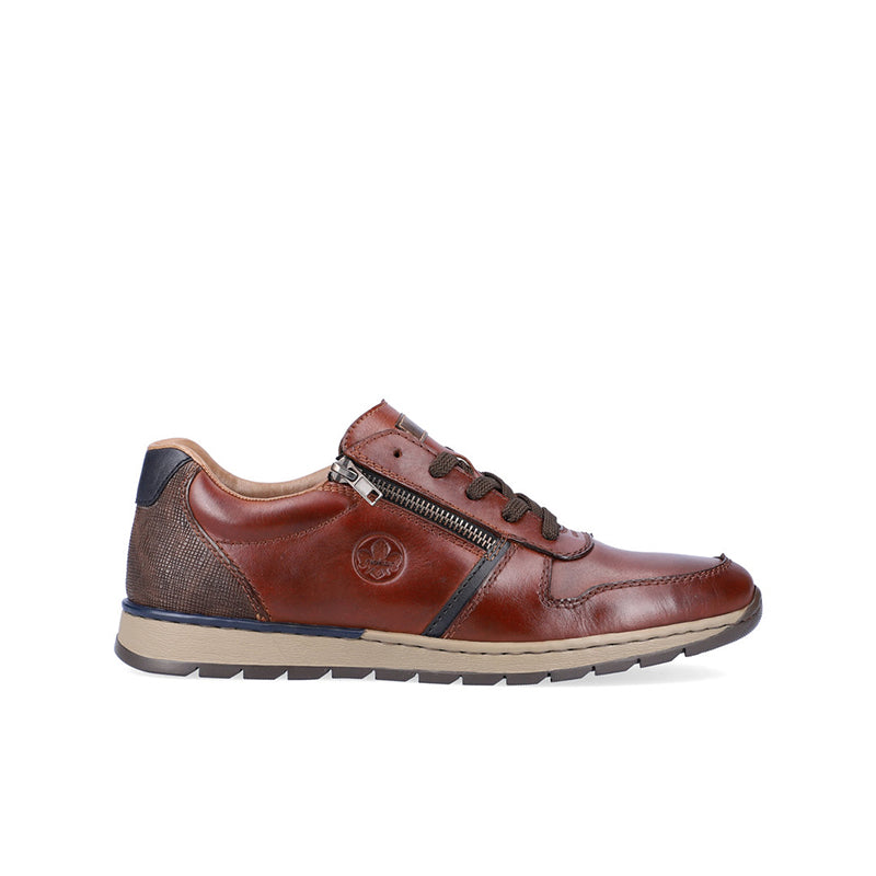 Men's lace-up zip sneaker, brown leather-look upper with rubber tread sole.