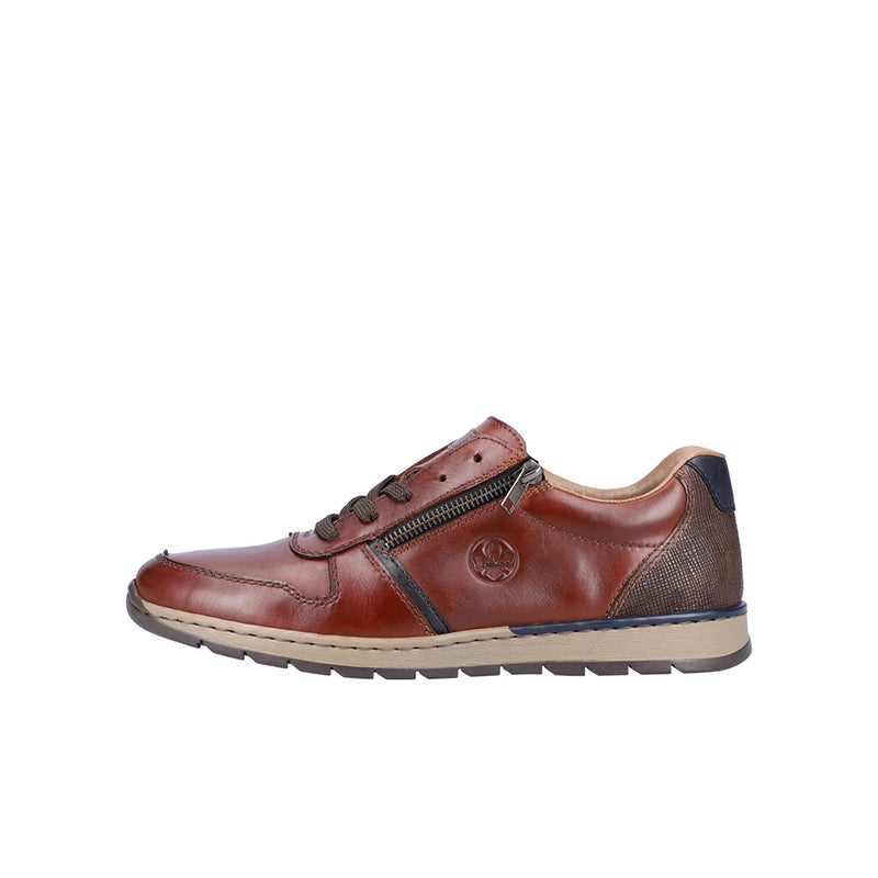 Men's lace-up zip sneaker, reddish-brown leather-look upper with side zipper details.