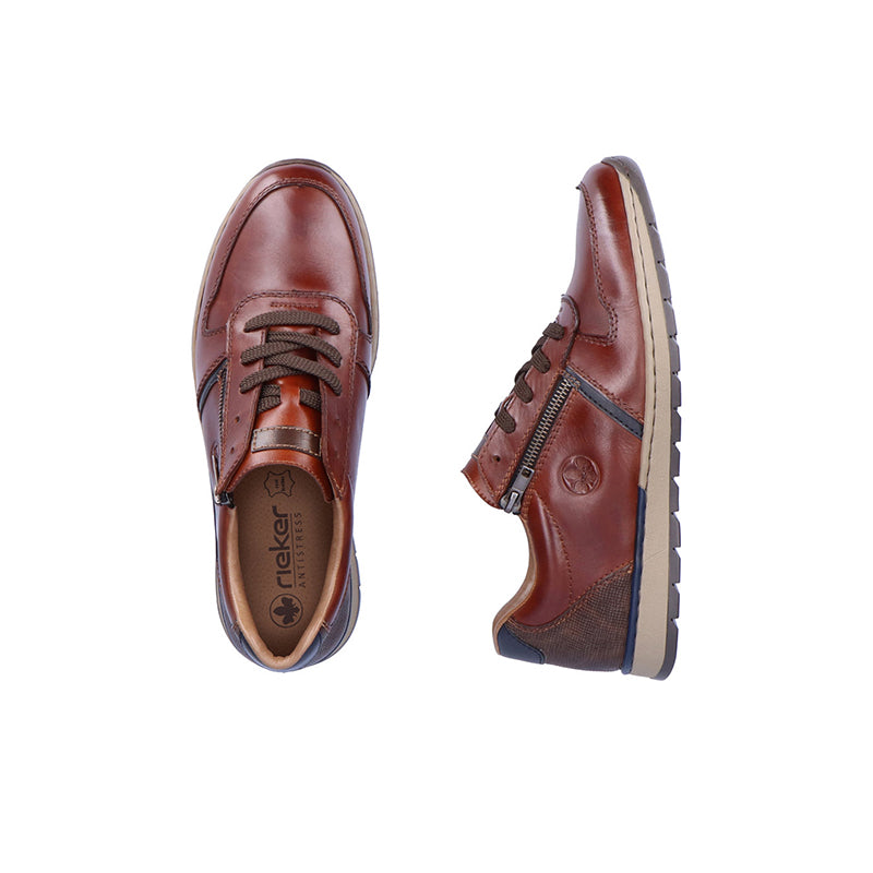 Men's lace-up sneaker with side zip, reddish-brown upper and light beige tread.