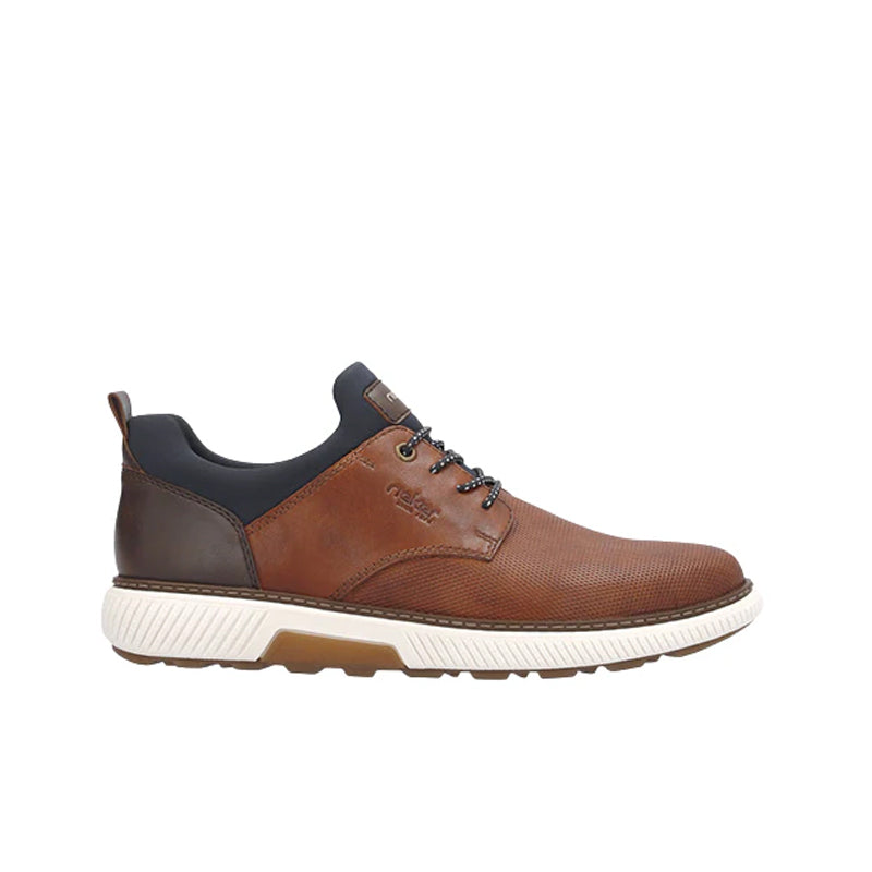 Men's brown sneakers with dark blue collar, lace-up front, and white sole