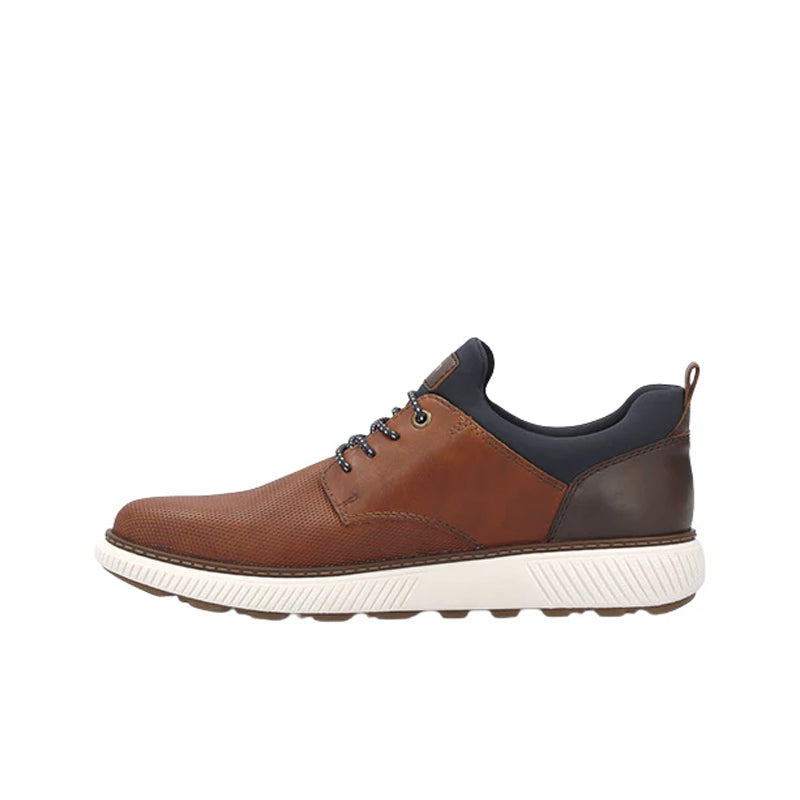 Men's brown sneakers with dark blue side panels, lace-up design, and white sole