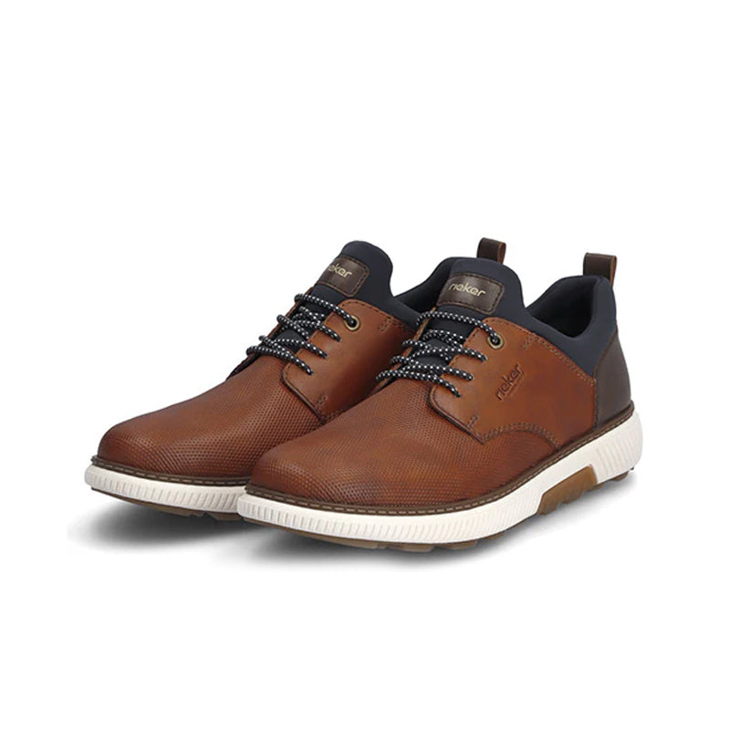 Men's brown lace-up sneakers with dark blue collar and white sole, pair view