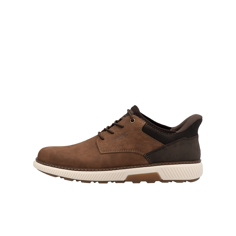 Men's brown lace-up sneakers with dark heel and white rubber sole