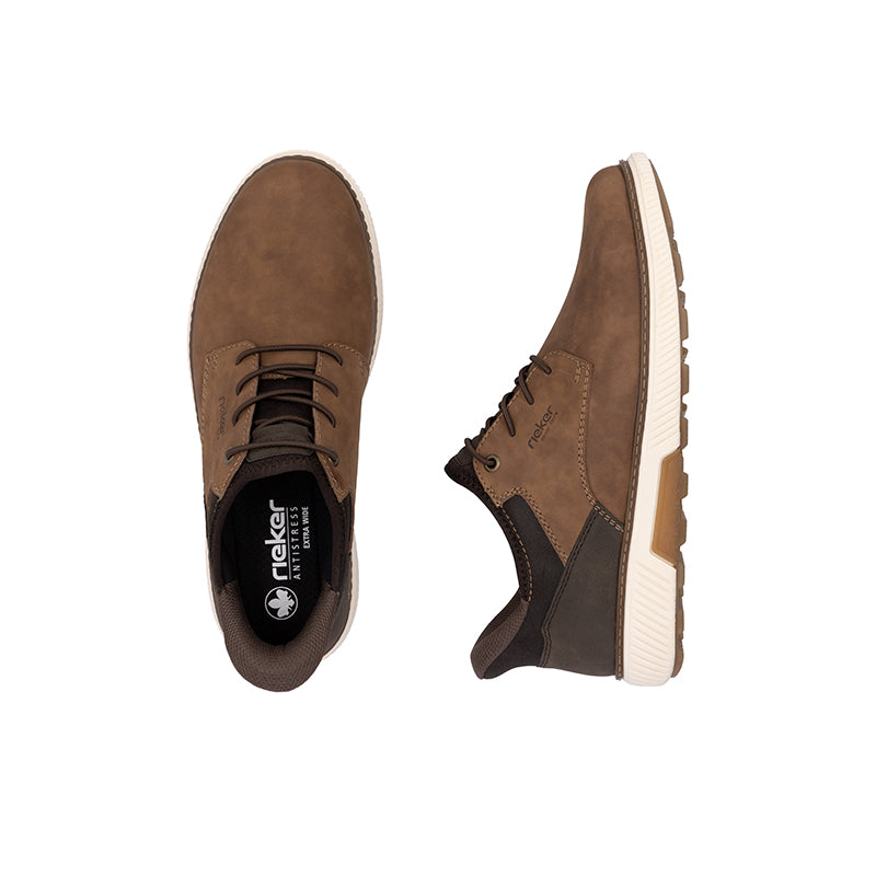 Men's brown suede sneakers, side and heel view with lace-up closure