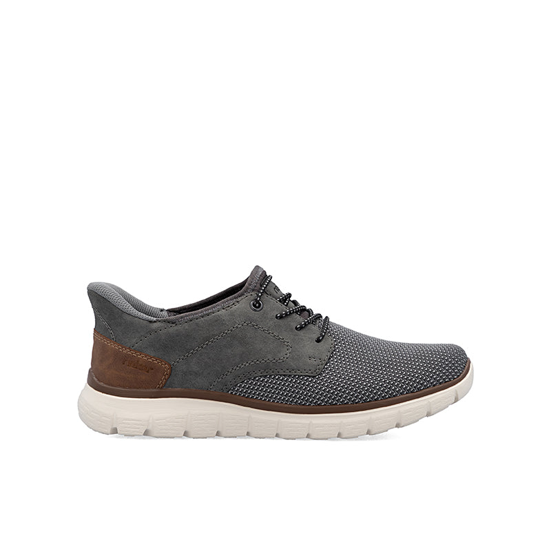 Men’s lace-up casual shoes, grey knit and suede with brown heel panel and white sole