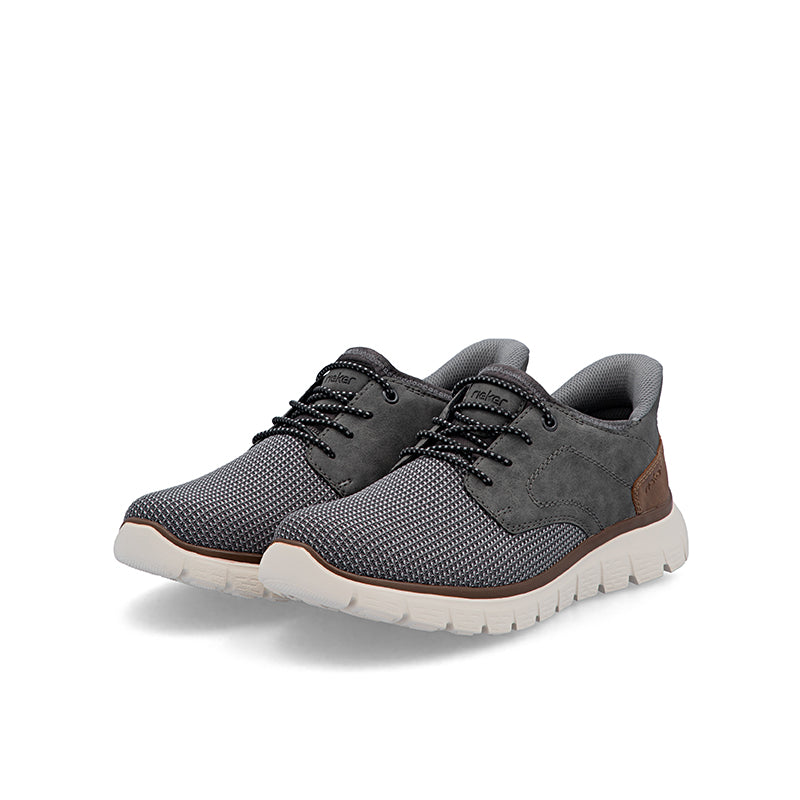 Men’s lace-up casual shoes in dark grey, knit upper with suede panels and white sole