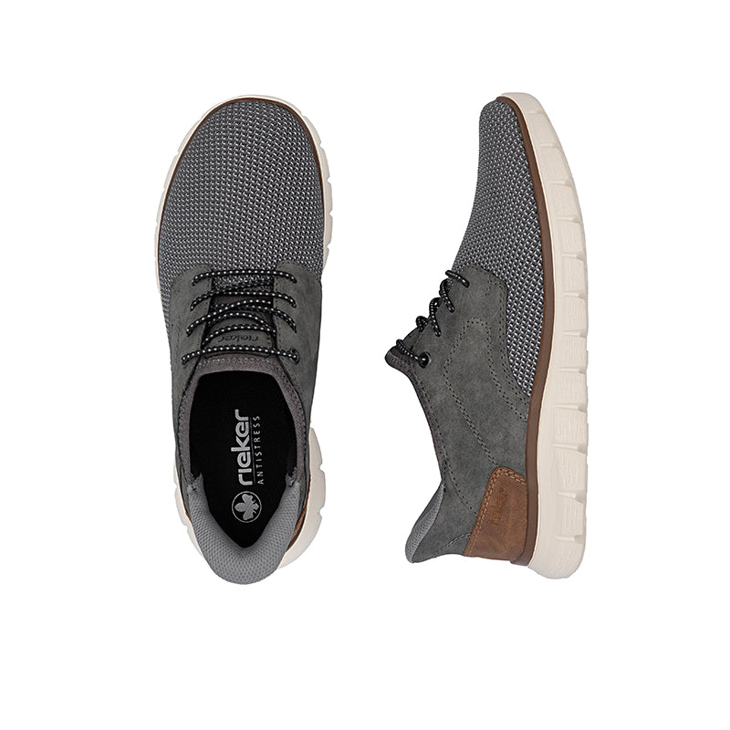 Men’s casual shoes: grey textured upper with suede panels and brown side detail, lace-up