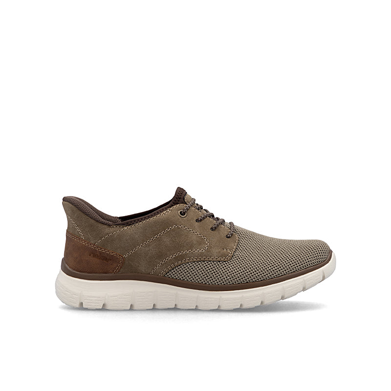 Men’s lace-up casual shoes, taupe knit and suede with brown heel panel and white sole