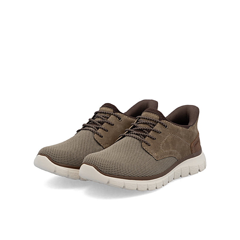 Men’s lace-up casual shoes in tan, knit upper with suede overlays and white cushioned sole