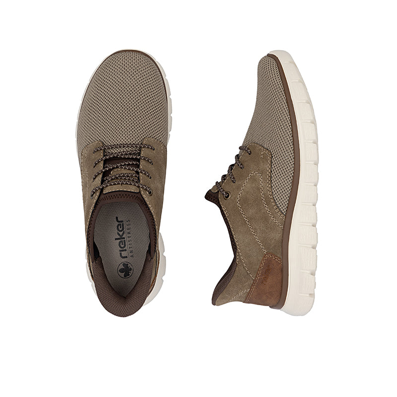 Men’s casual shoes, tan knit and suede uppers with lace-up front and white sole