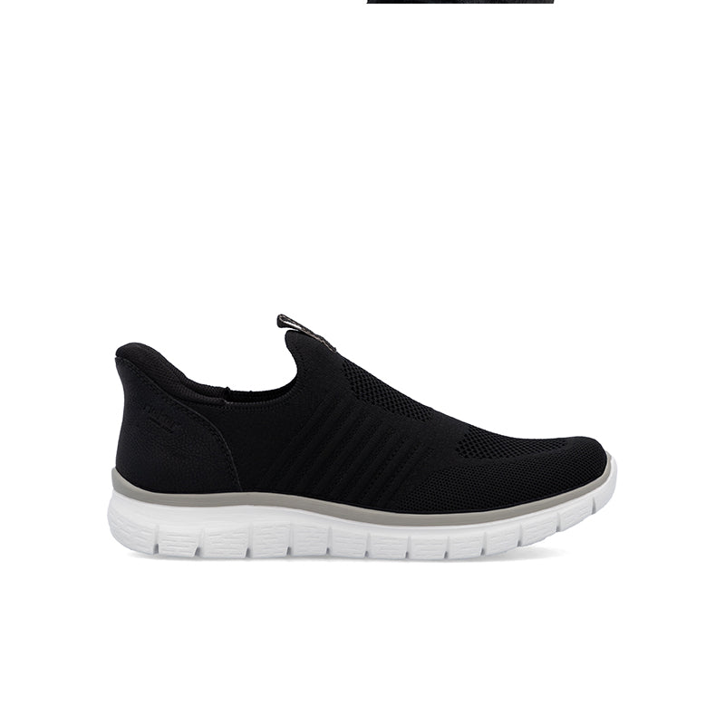 Men's low-top slip-on sneakers in black with ribbed knit side and white sole