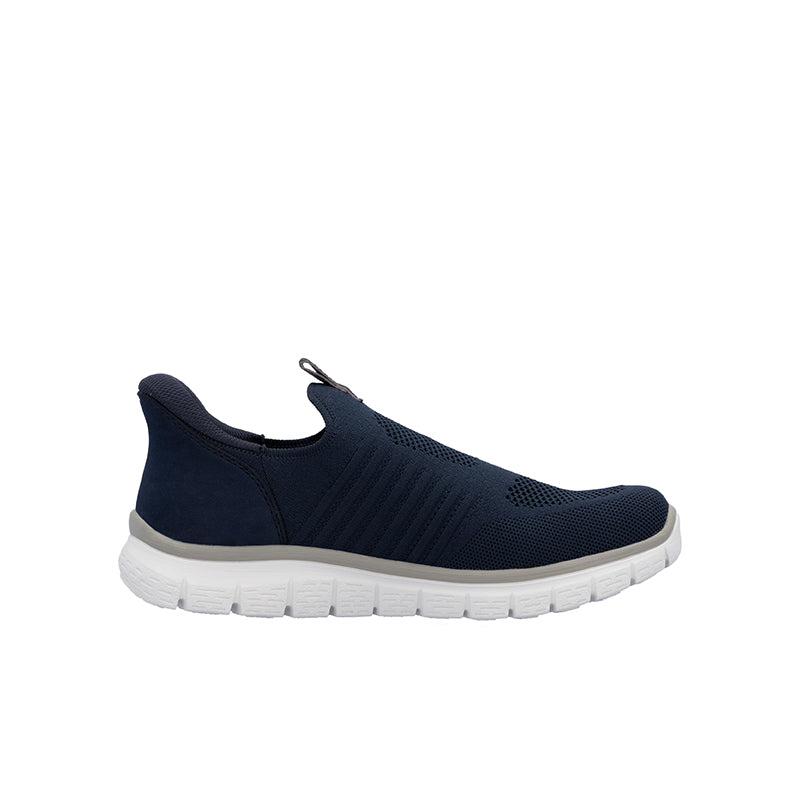 Men's low-top slip-on sneakers in dark blue with ribbed side panel and white sole