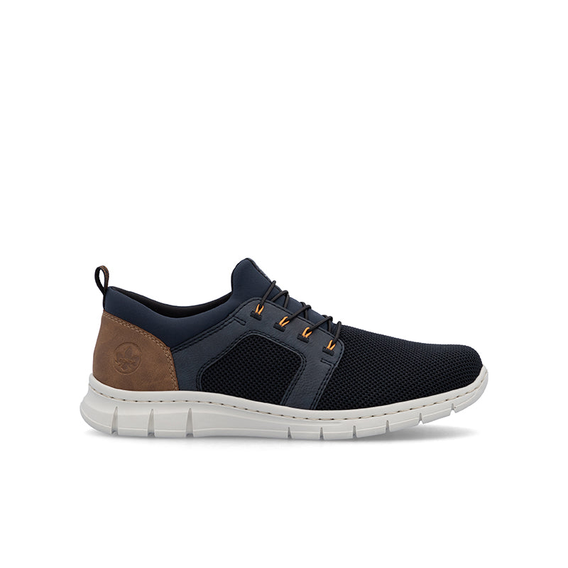 Men's blue casual sneakers, knit upper with brown side panel and lace-up styling