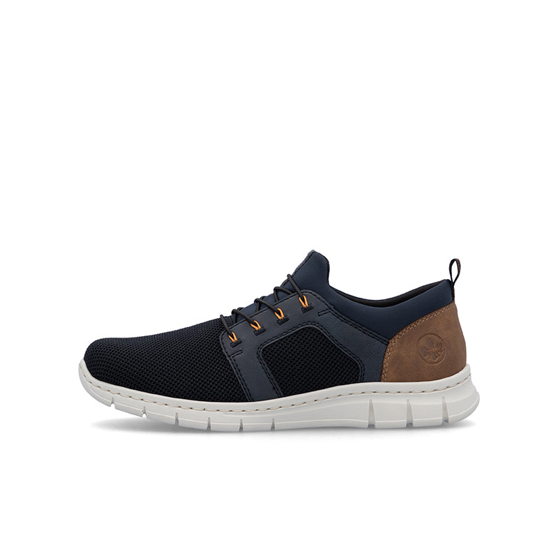 Men's blue casual sneakers with brown heel panel, lace-up eyelets and cushioned sole