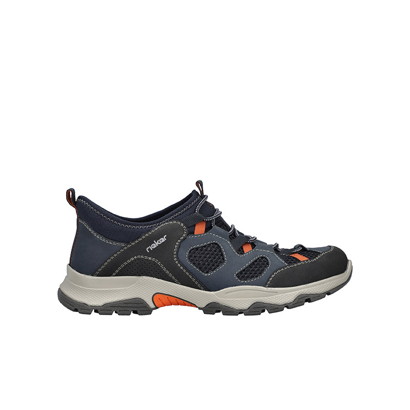 Men's Rieker slip-on sneakers in blue/gray with orange accents and tread sole