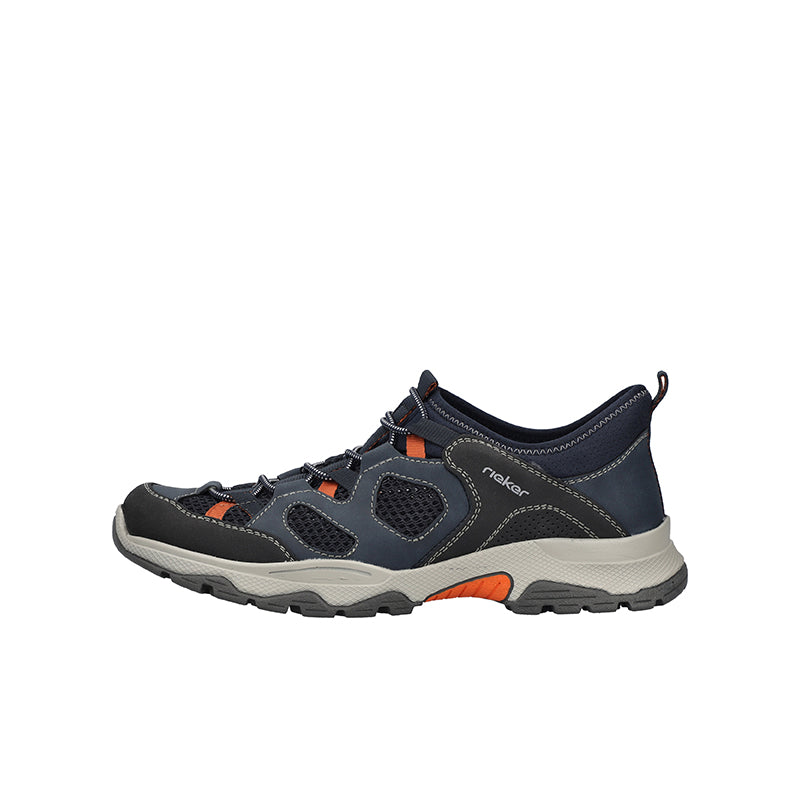 Men's Rieker slip-on sneakers, side view in dark blue with orange trim