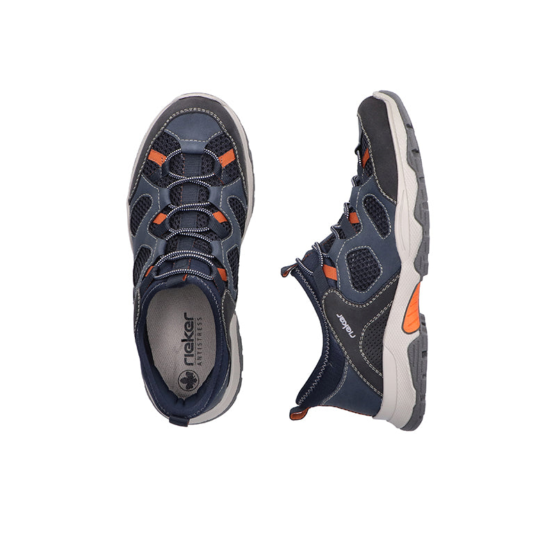 Pair of men's Rieker slip-on sneakers in navy blue with orange and dark gray panels