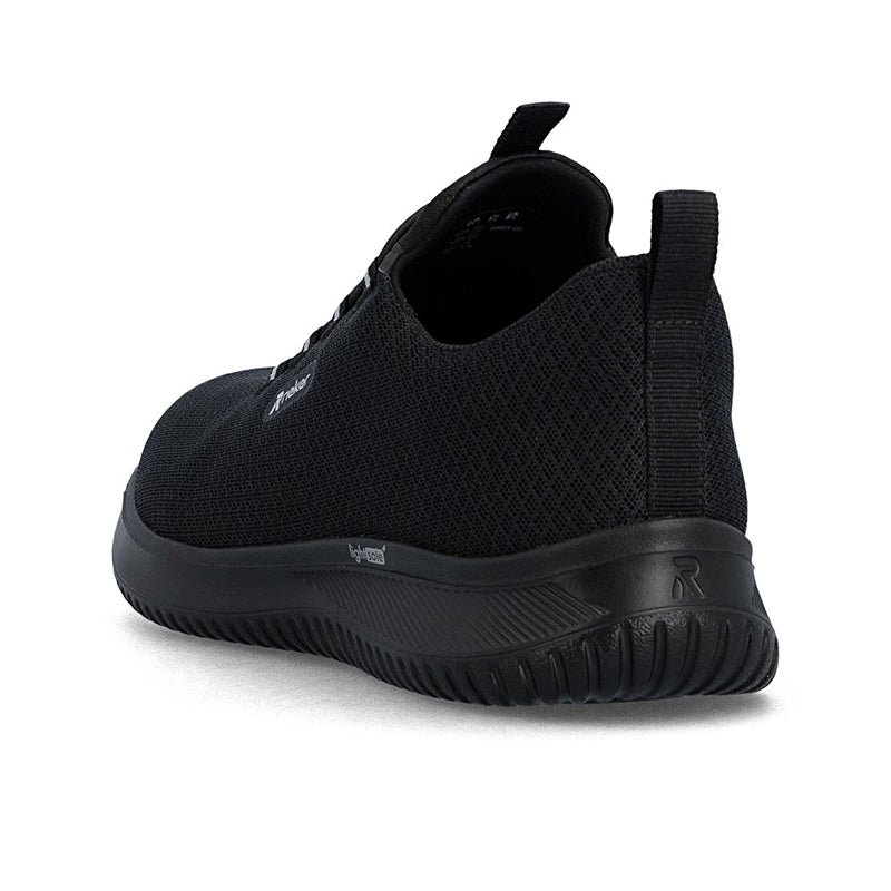 Men's slip-on sneakers, black knit upper with heel collar and cushioned rubber sole