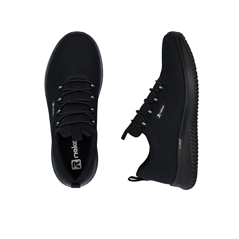 Men's slip-on sneakers, black textured mesh with lace-up closure; toe and side view
