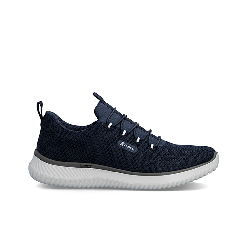 Men's slip-on sneakers, navy knit upper with lace-up front and light gray outsole