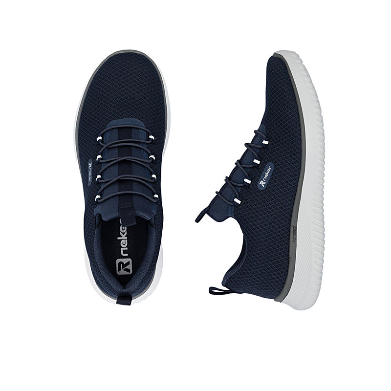 Men's slip-on sneakers, navy upper with lace-up front and white outsole; toe and side views
