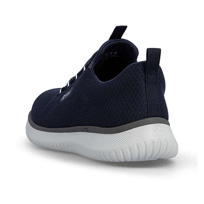 Men's slip-on sneakers, navy knit upper with heel tab and light gray cushioned sole