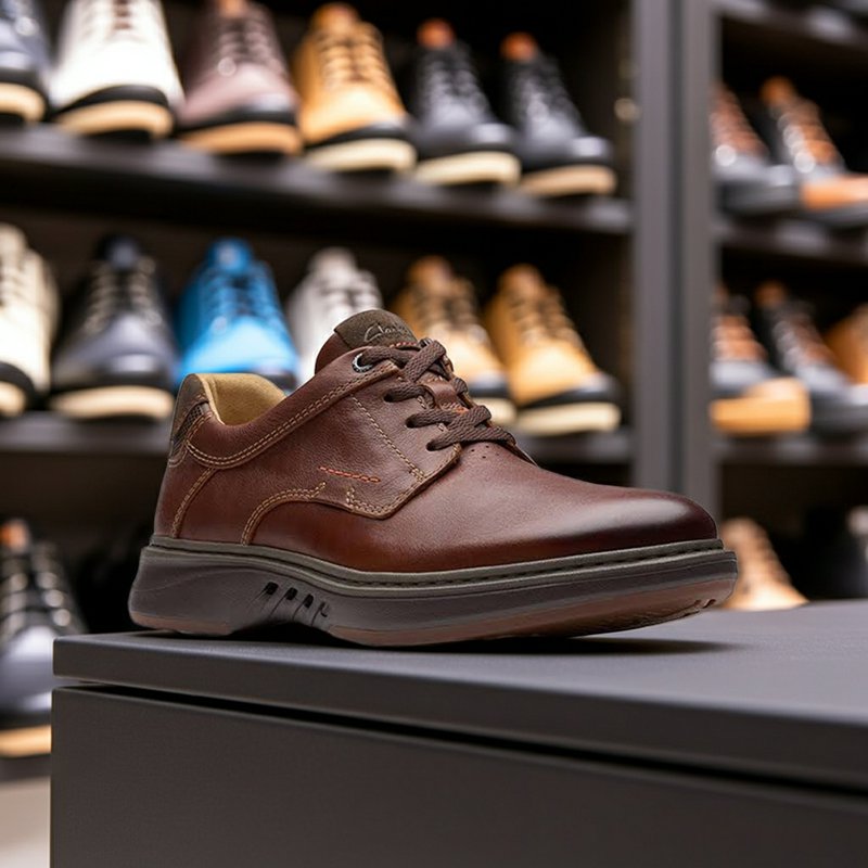 Men's brown leather lace-up business shoe with side stitching and chunky sole